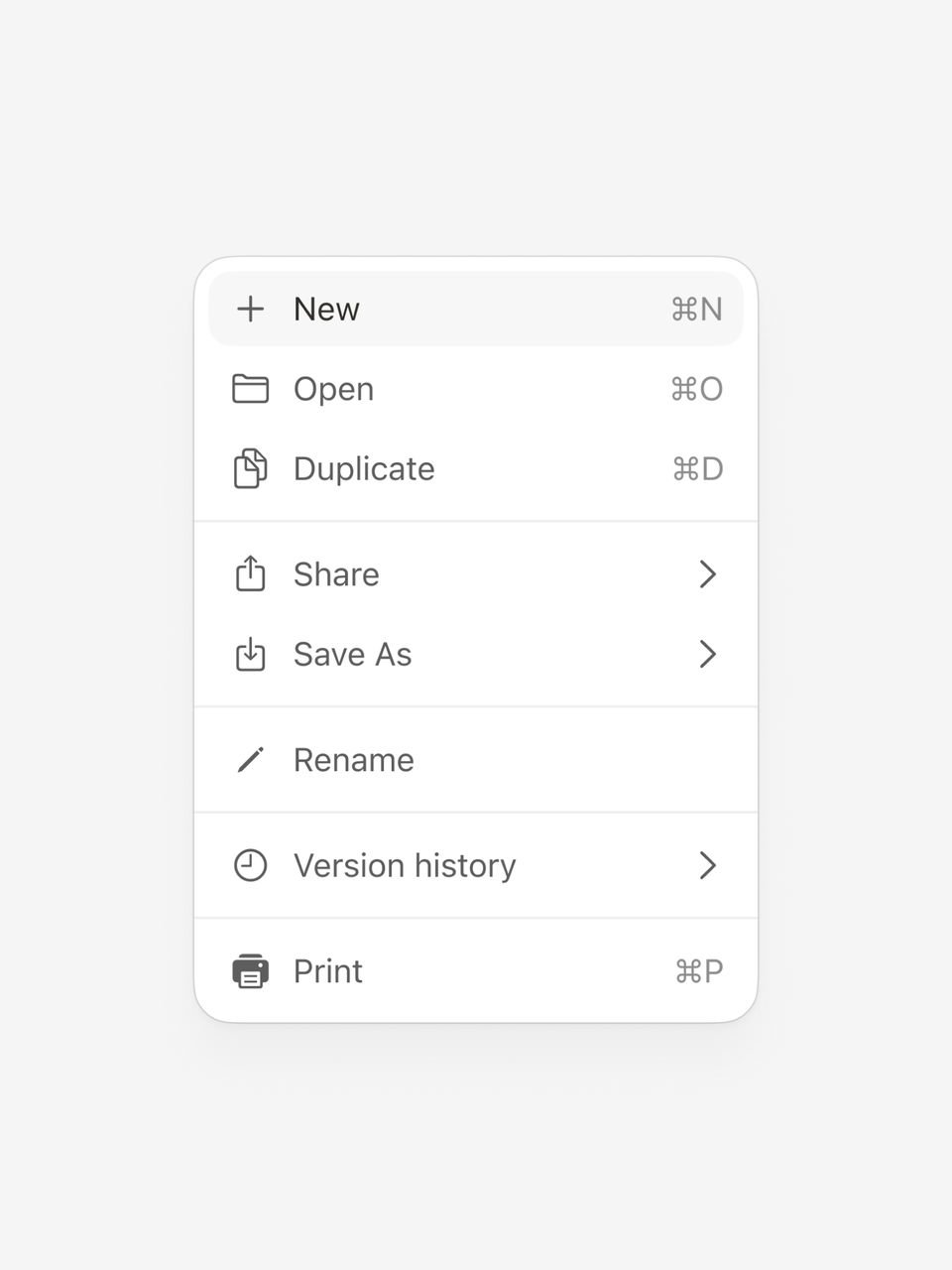 Context file menu with sharing and version history