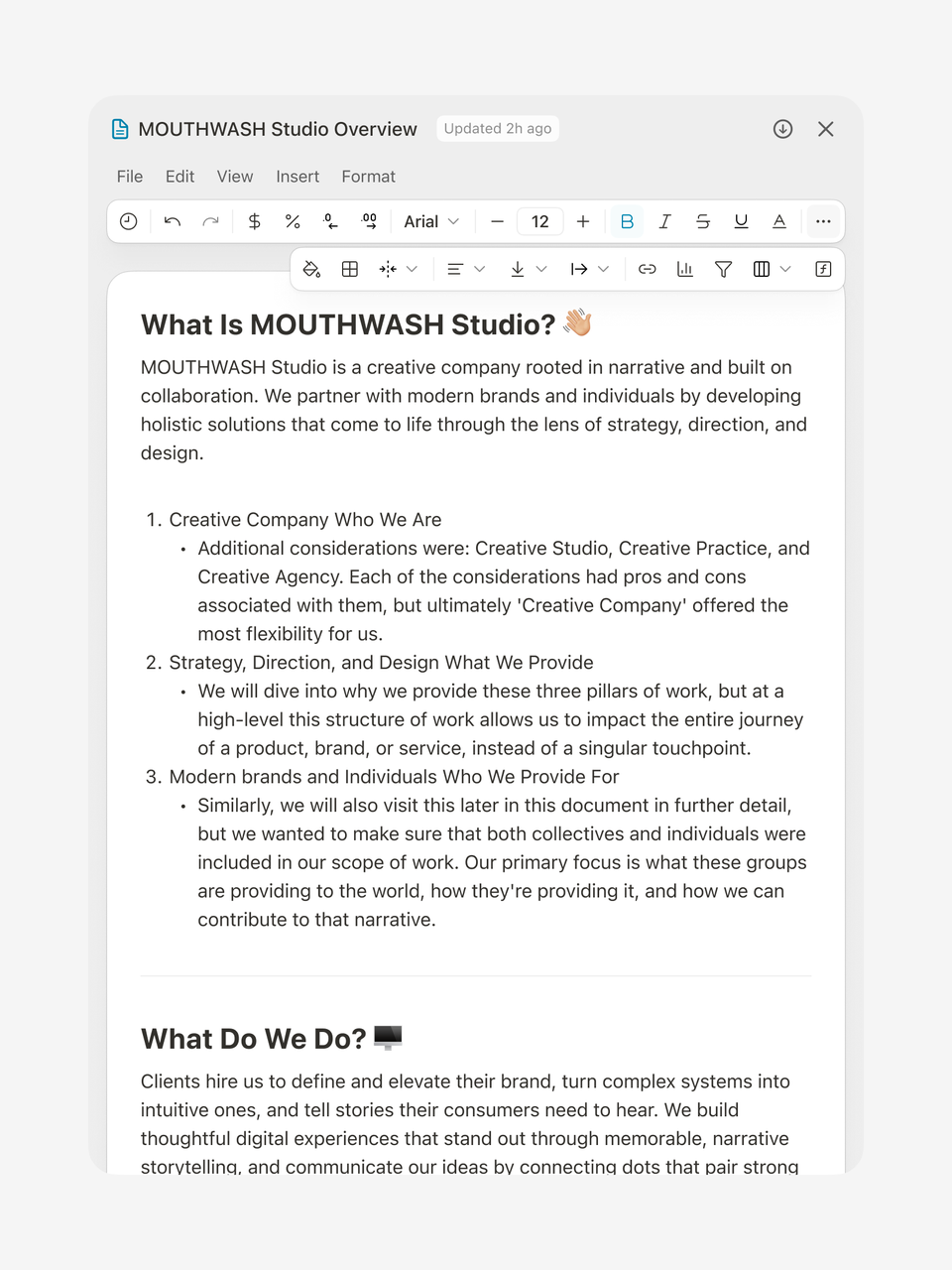 Context document editor showing a studio overview
