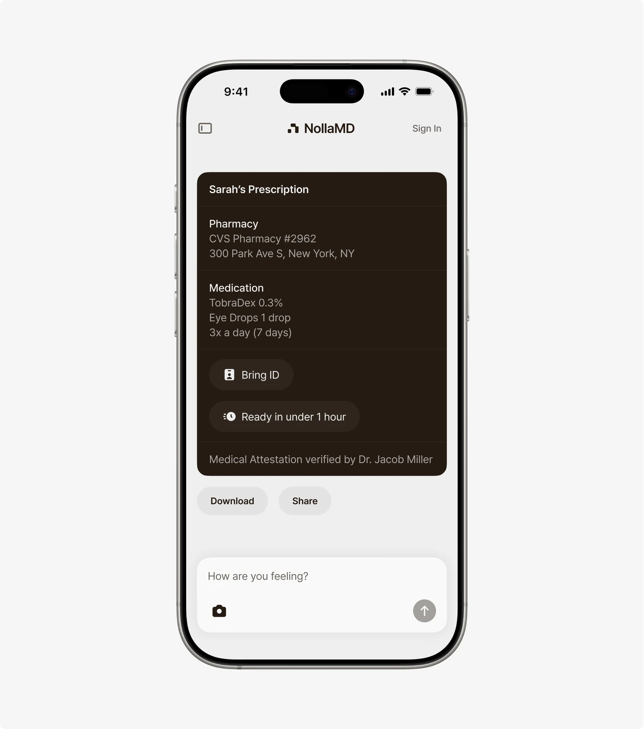 Nolla prescription details displayed on a phone