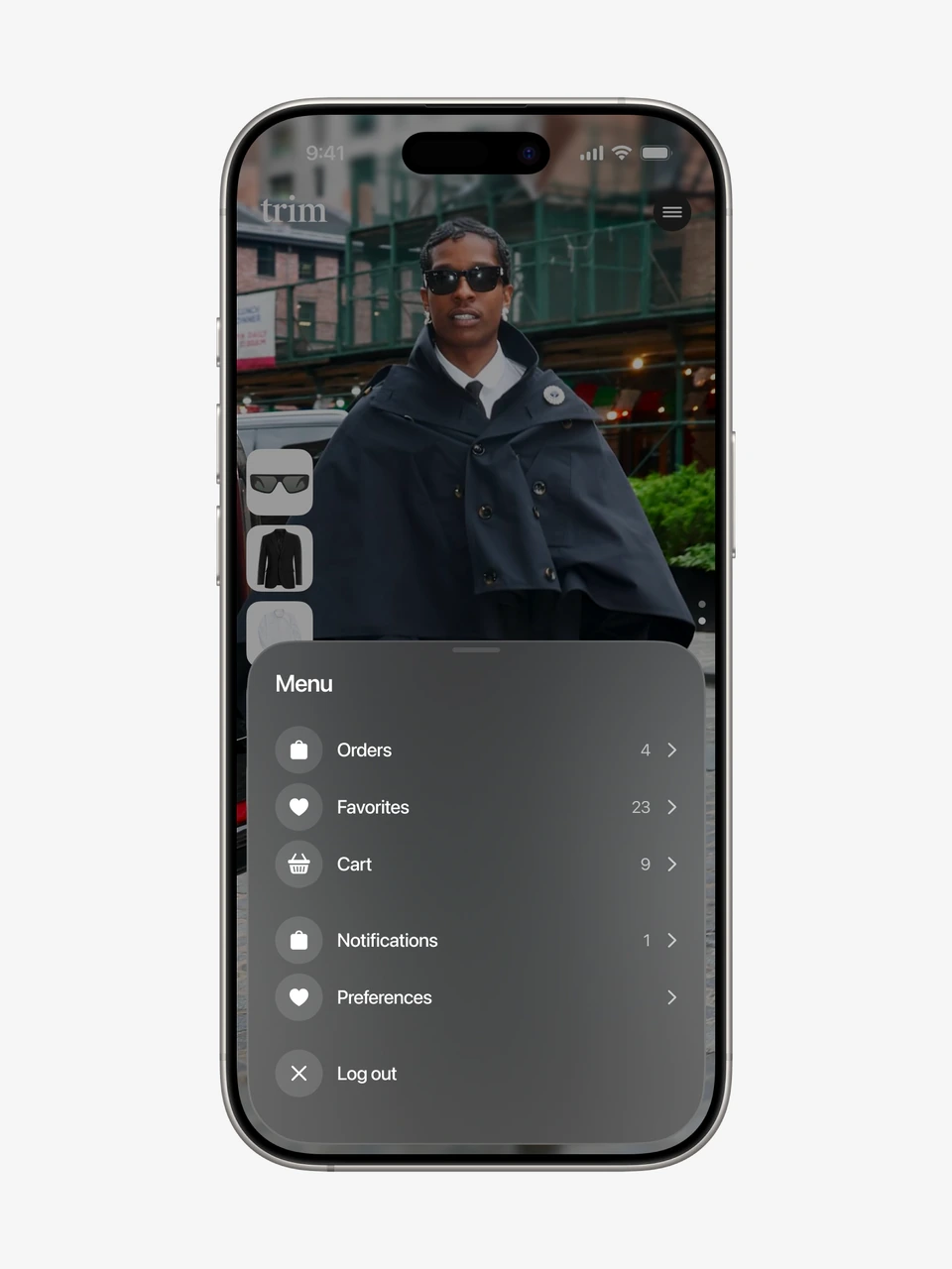 Trim account menu over a virtual try-on