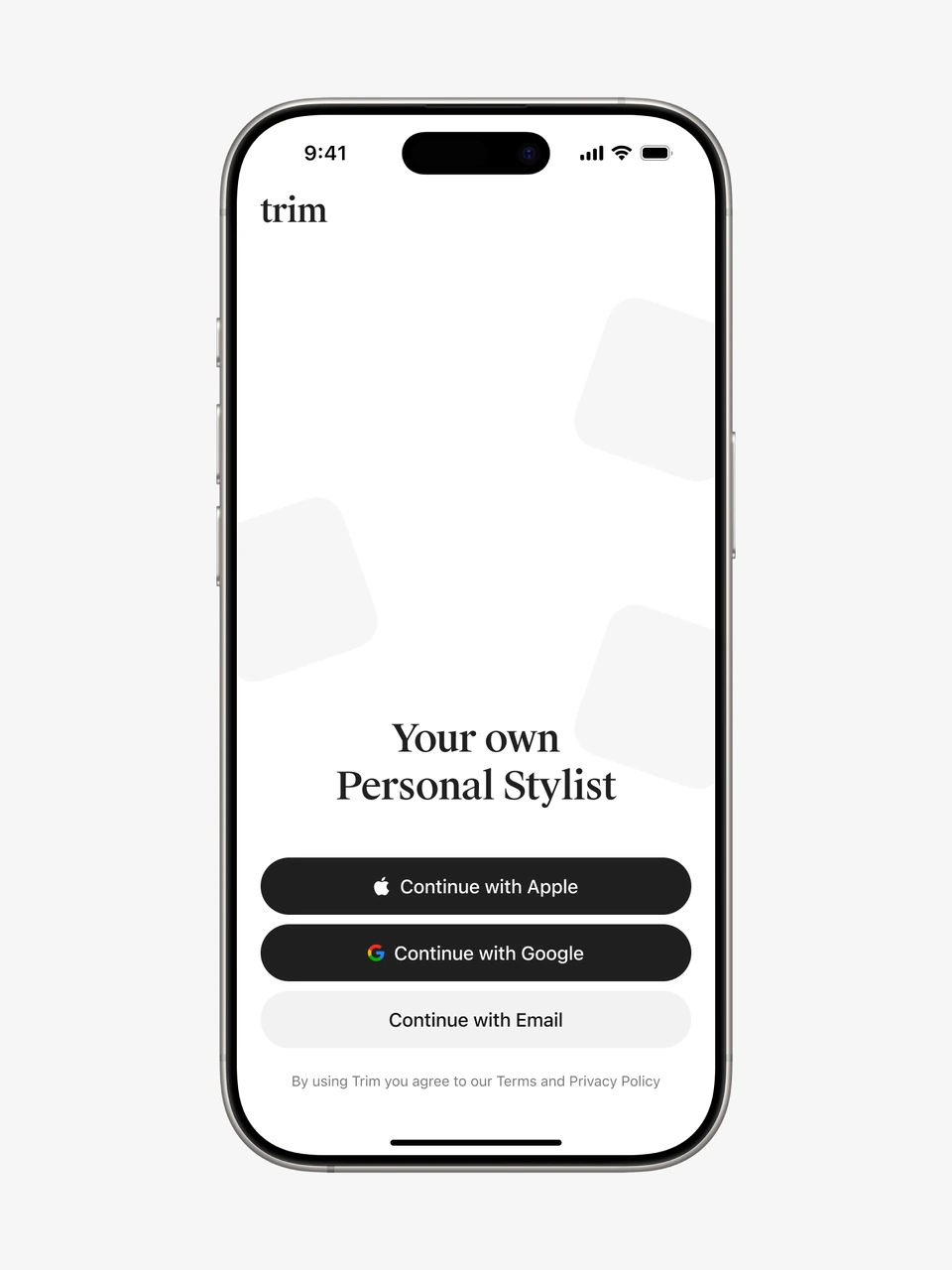 Trim personal stylist sign-in screen